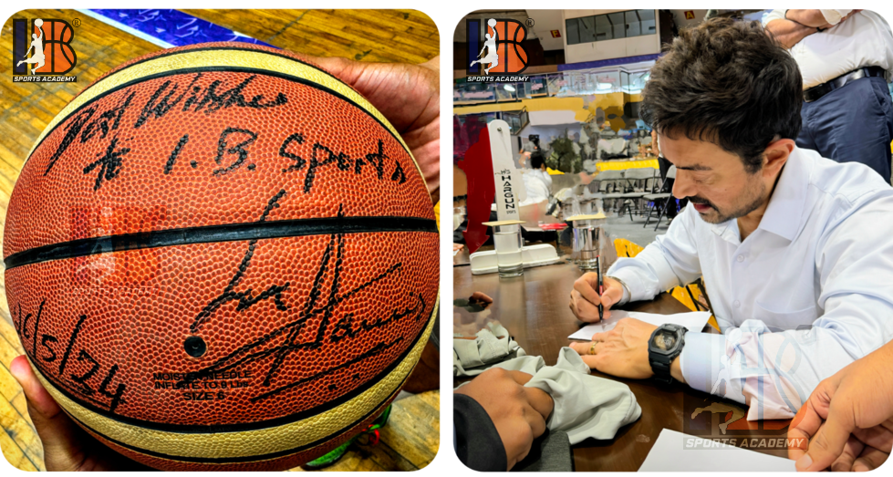 Aamir Khan signing autographs at a table alongside a close-up of a basketball he signed for IB Sports Academy