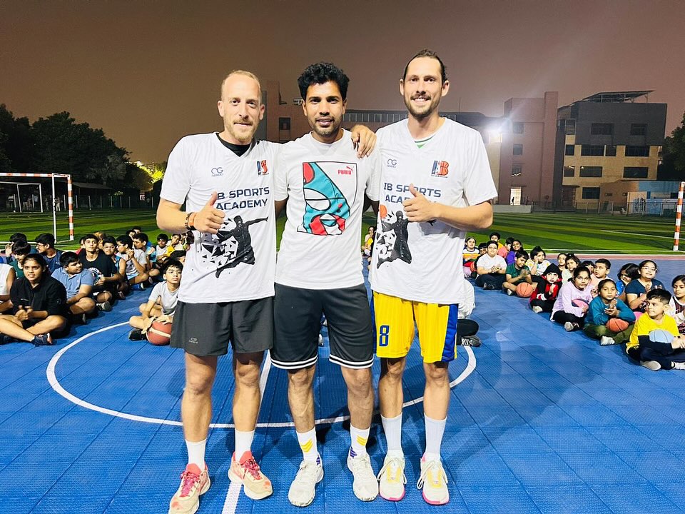 Coaches Guillaume Soares, Benjamin Bari, and Ishwar Bhati Celebrating the France-India Basketball Collaboration