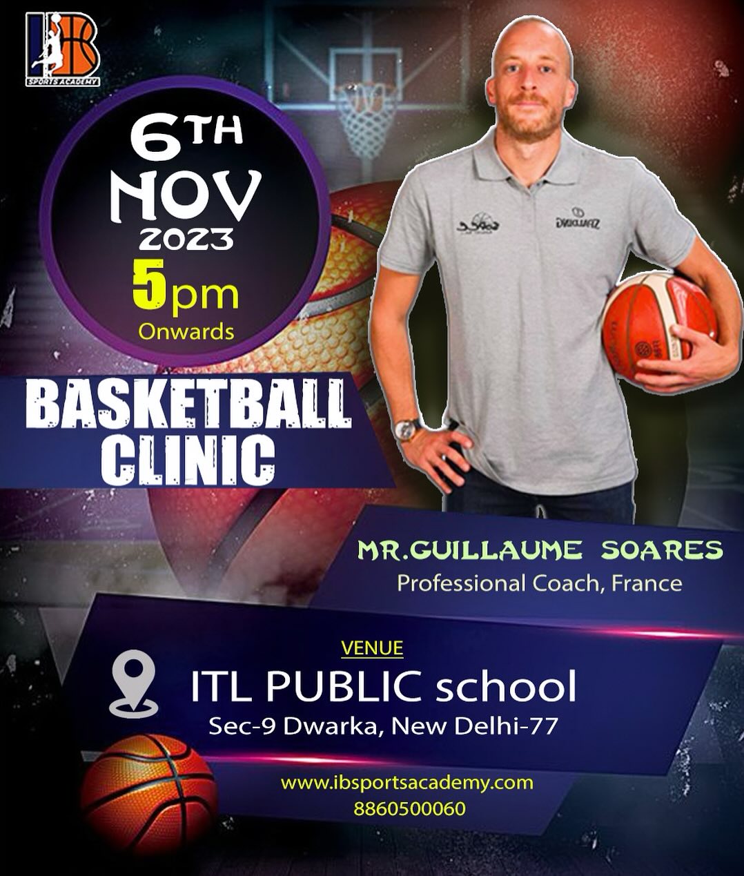 Official Event Flyer for the International Basketball Clinic Featuring Coach Guillaume Soares (France)